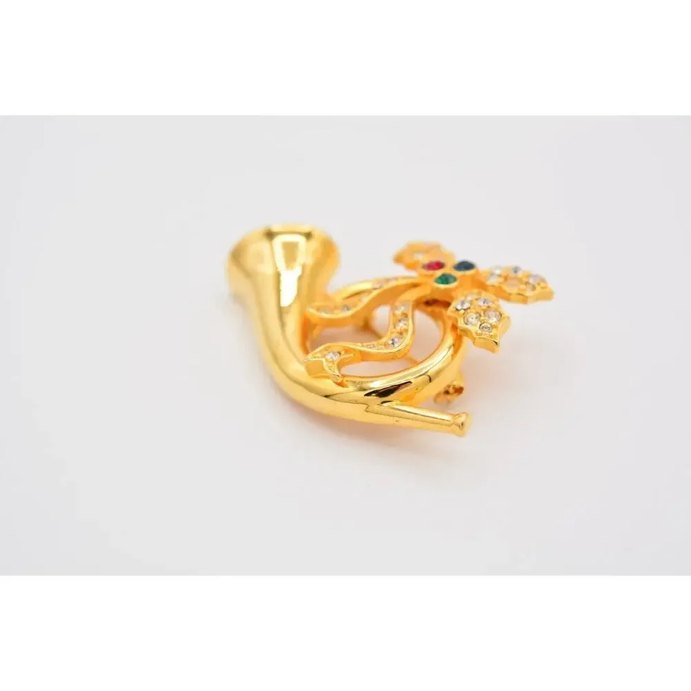 Merksamer Vintage Horn Pin Brooch Rhinestone Crystal Gold Tone Signed 90s BinAT